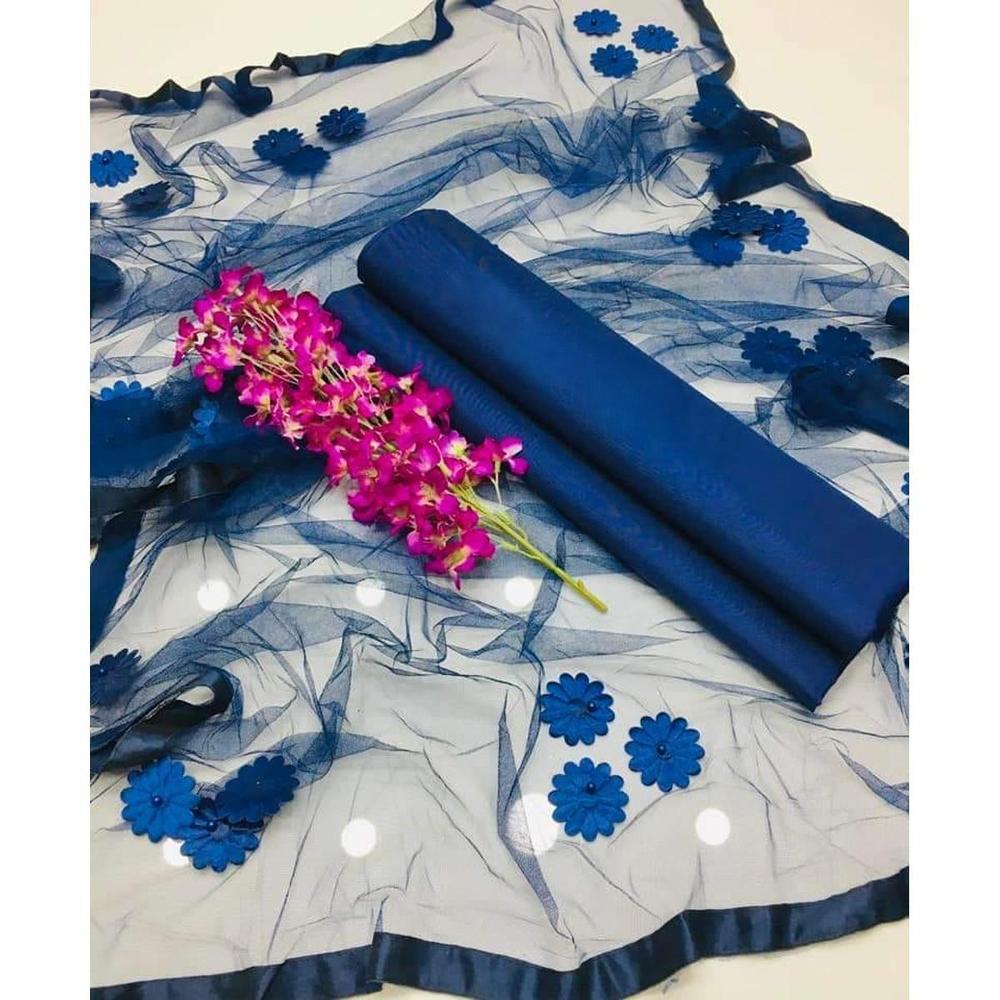 Premium 3-Piece Unstitched Katan Silk Suit with Net Dupatta | The Azure Serenity Ensemble