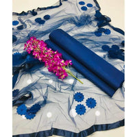 Premium 3-Piece Unstitched Katan Silk Suit with Net Dupatta | The Azure Serenity Ensemble