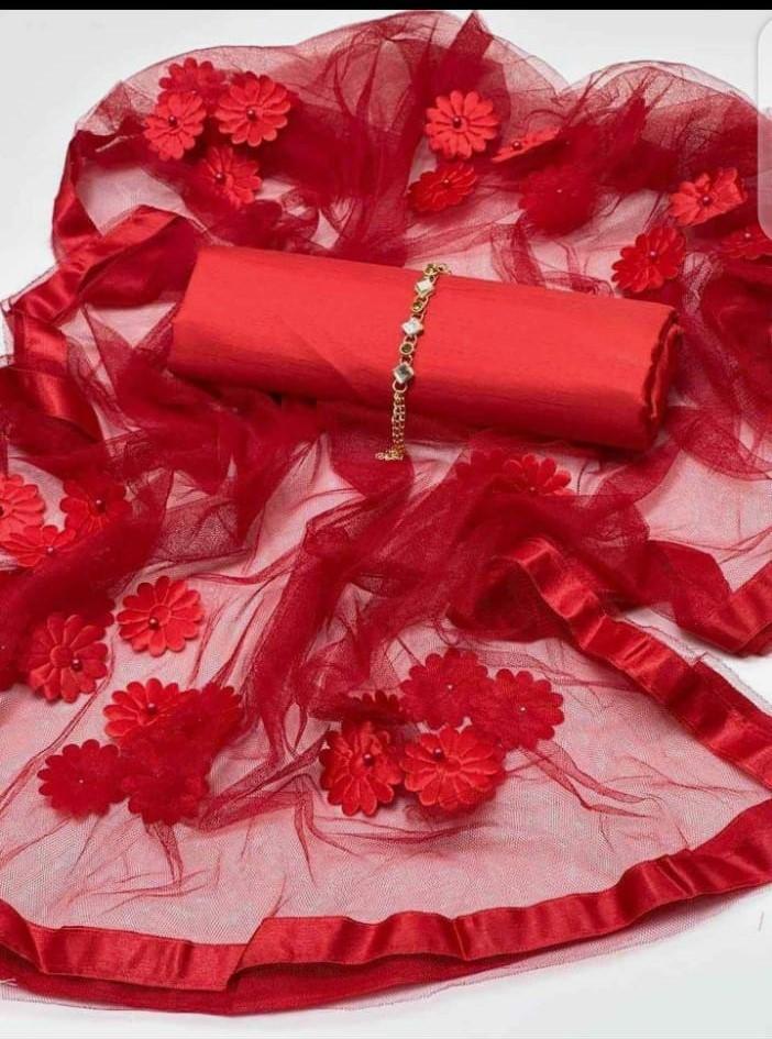 Premium 3-Piece Unstitched Katan Silk Suit with Net Dupatta | The Azure Serenity Ensemble