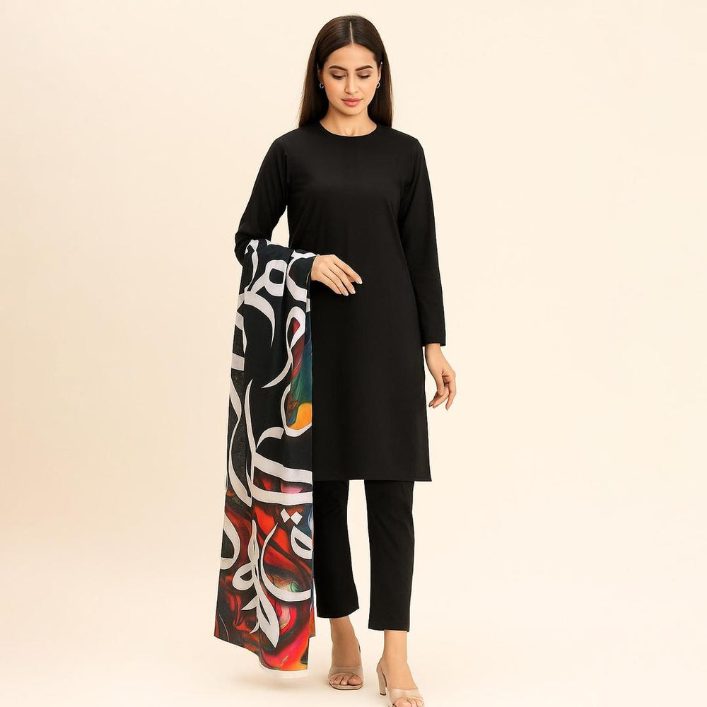 Premium 3-Piece Unstitched Katan Silk Suit with Printed Silk Dupatta | The Black Velvet Noir Ensemble