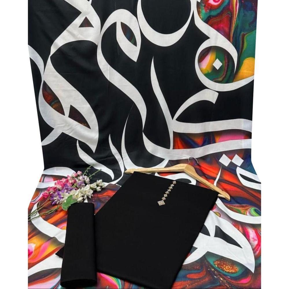 Premium 3-Piece Unstitched Katan Silk Suit with Printed Silk Dupatta | The Black Velvet Noir Ensemble