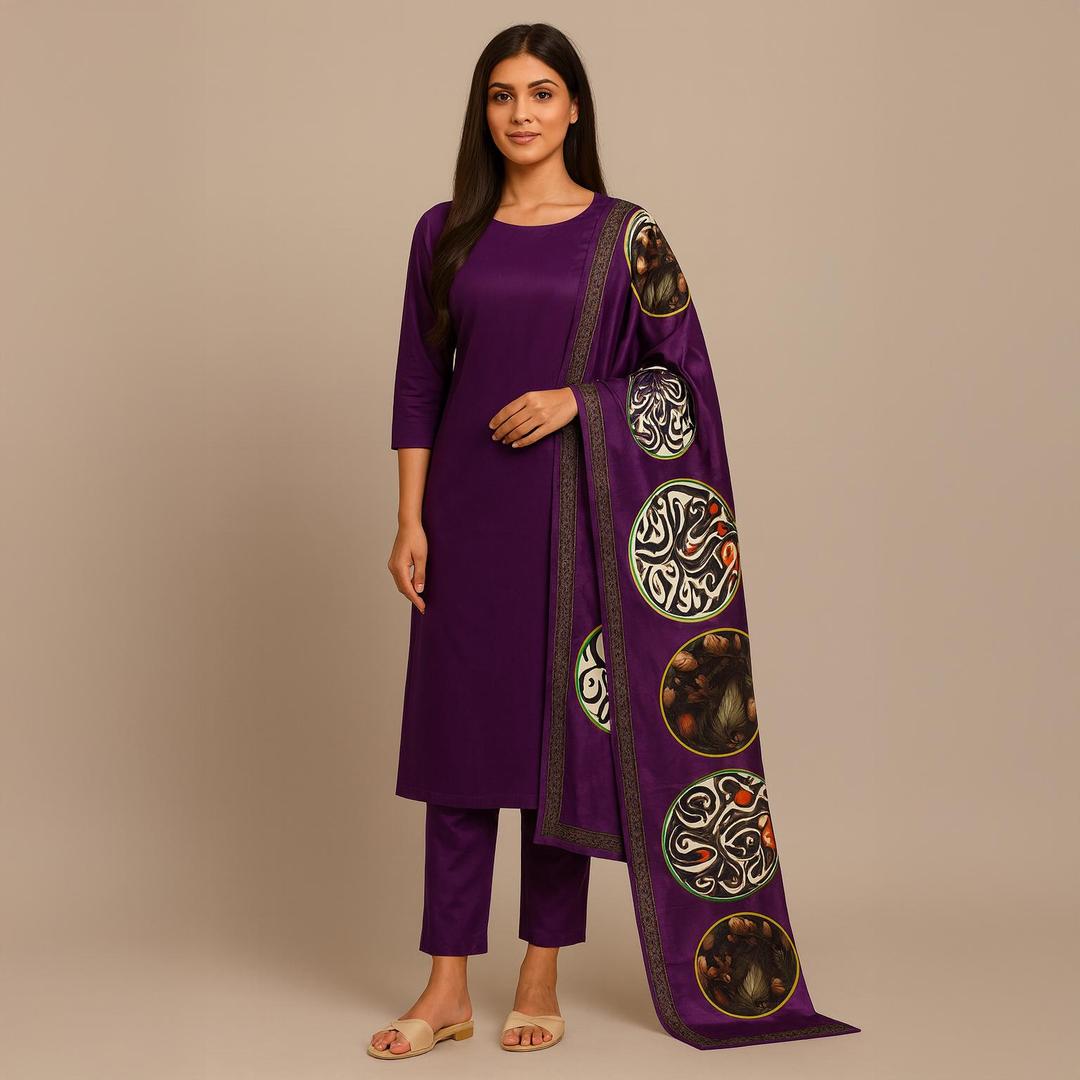 Premium 3-Piece Unstitched Katan Silk Suit with Printed Silk Dupatta | The Royal Purple Reign Ensemble