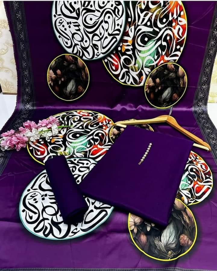 Premium 3-Piece Unstitched Katan Silk Suit with Printed Silk Dupatta | The Royal Purple Reign Ensemble