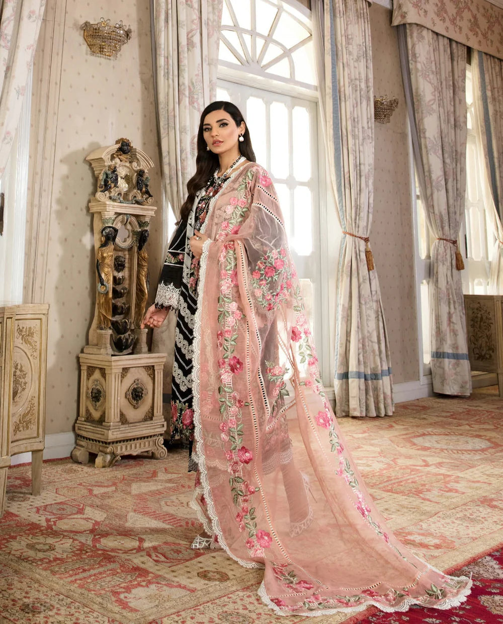 The Schifflie Grandeur Ensemble: Heavy Embroidered 3-PC Lawn Suit with Cutwork Organza Dupatta