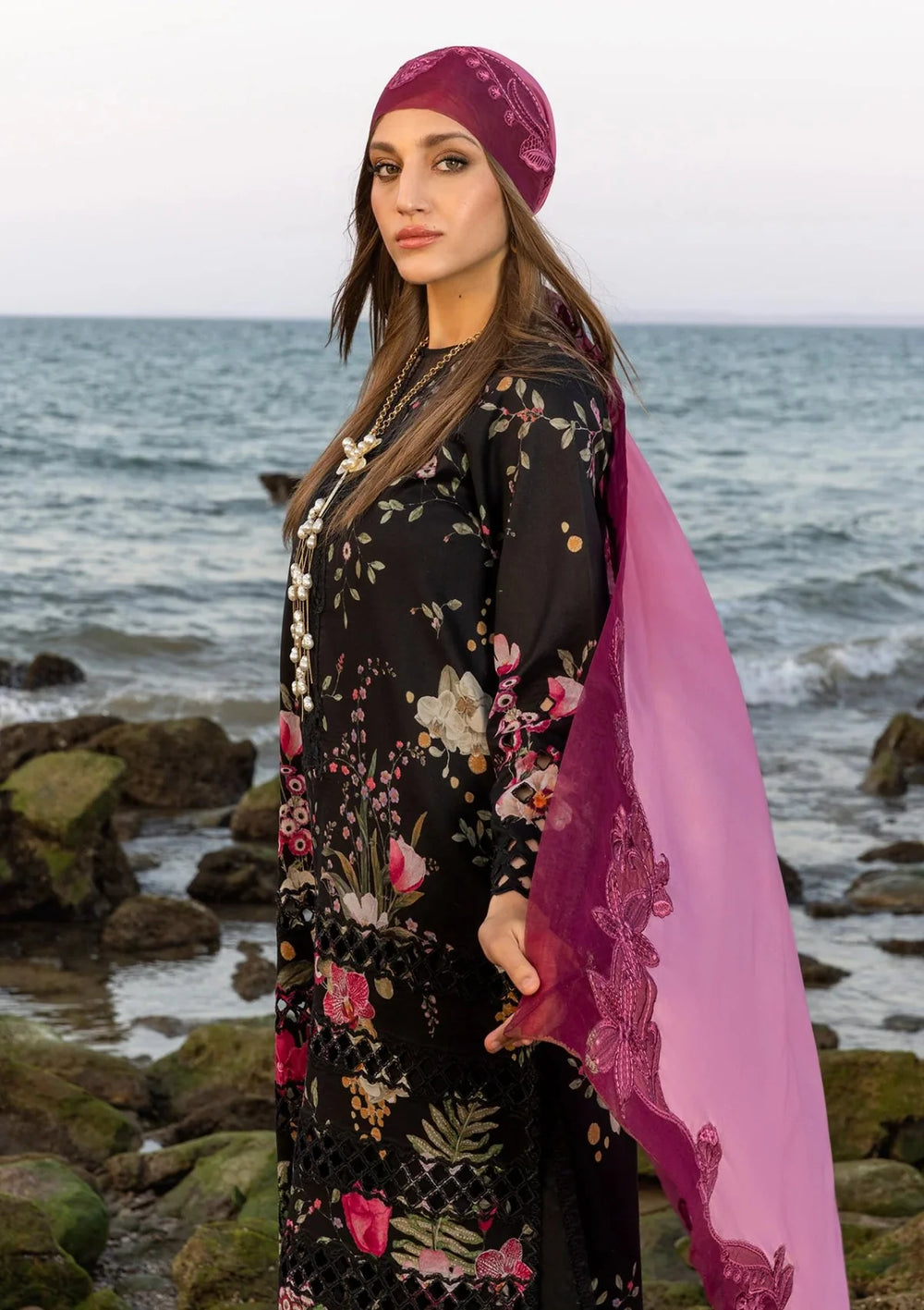 Vibrant Digital Printed Lawn & Chiffon Festive Suit | Embroidered Neck Bunch & Daman Patches with 4-Sided Lace Dupatta