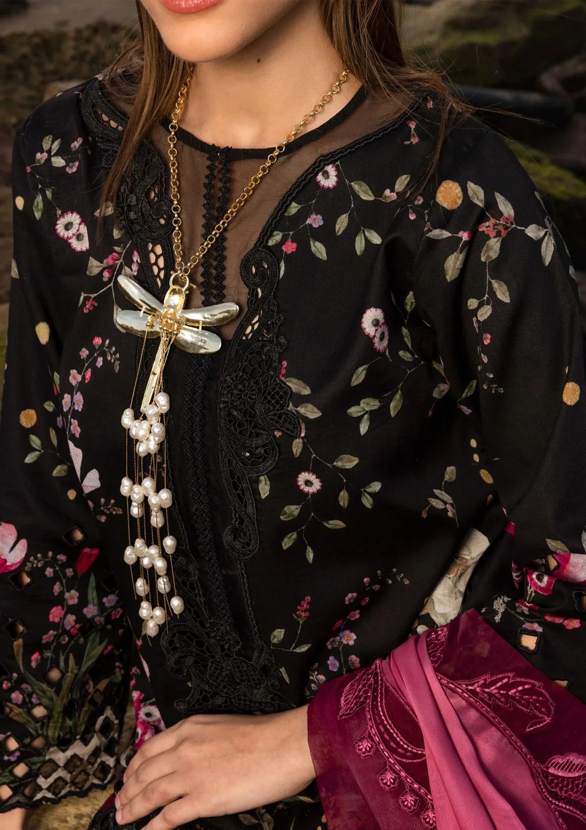 Vibrant Digital Printed Lawn & Chiffon Festive Suit | Embroidered Neck Bunch & Daman Patches with 4-Sided Lace Dupatta