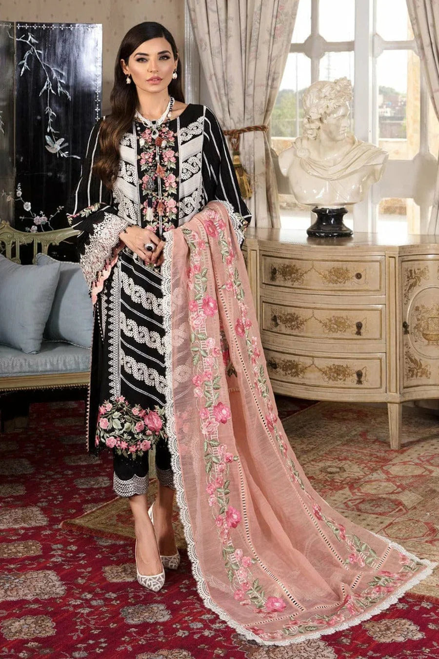 The Schifflie Grandeur Ensemble: Heavy Embroidered 3-PC Lawn Suit with Cutwork Organza Dupatta