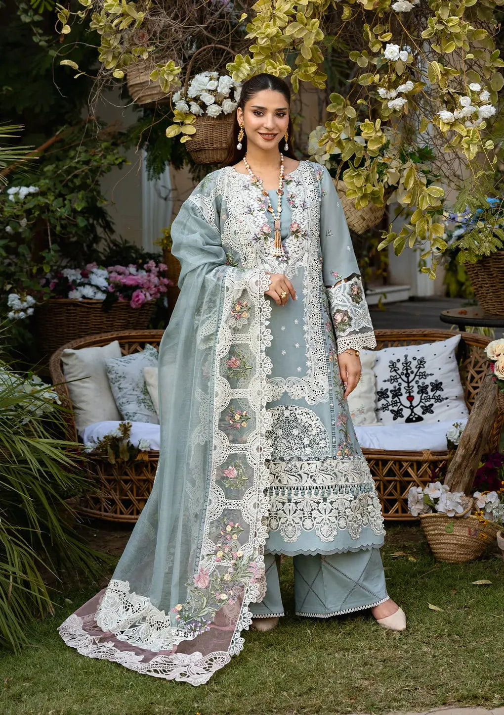 Artisanal Chikankari Cotton Ensemble | Organza Dupatta with Cutwork Lace & Attached Pallu | Unstitched 3PC