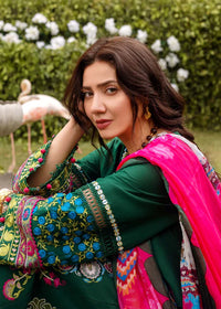 Forest Green Luxe Lawn 3PC | Bold Minimalist Embroidery with Silk Dupatta & Organza Borders