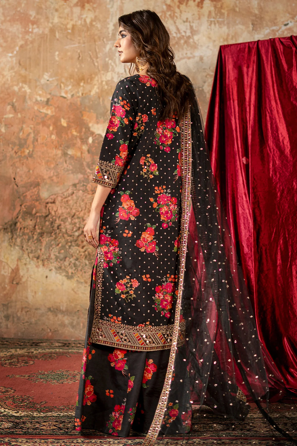 The Crown Jewel Ensemble: Digital Lawn Suit with Heavily Embroidered Chiffon Dupatta & Trouser Patches