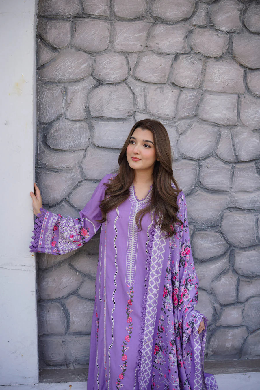Luxury Chikankari Cotton Ensemble | Digital Printed Silk Dupatta with Croatia Lace | Unstitched 3PC