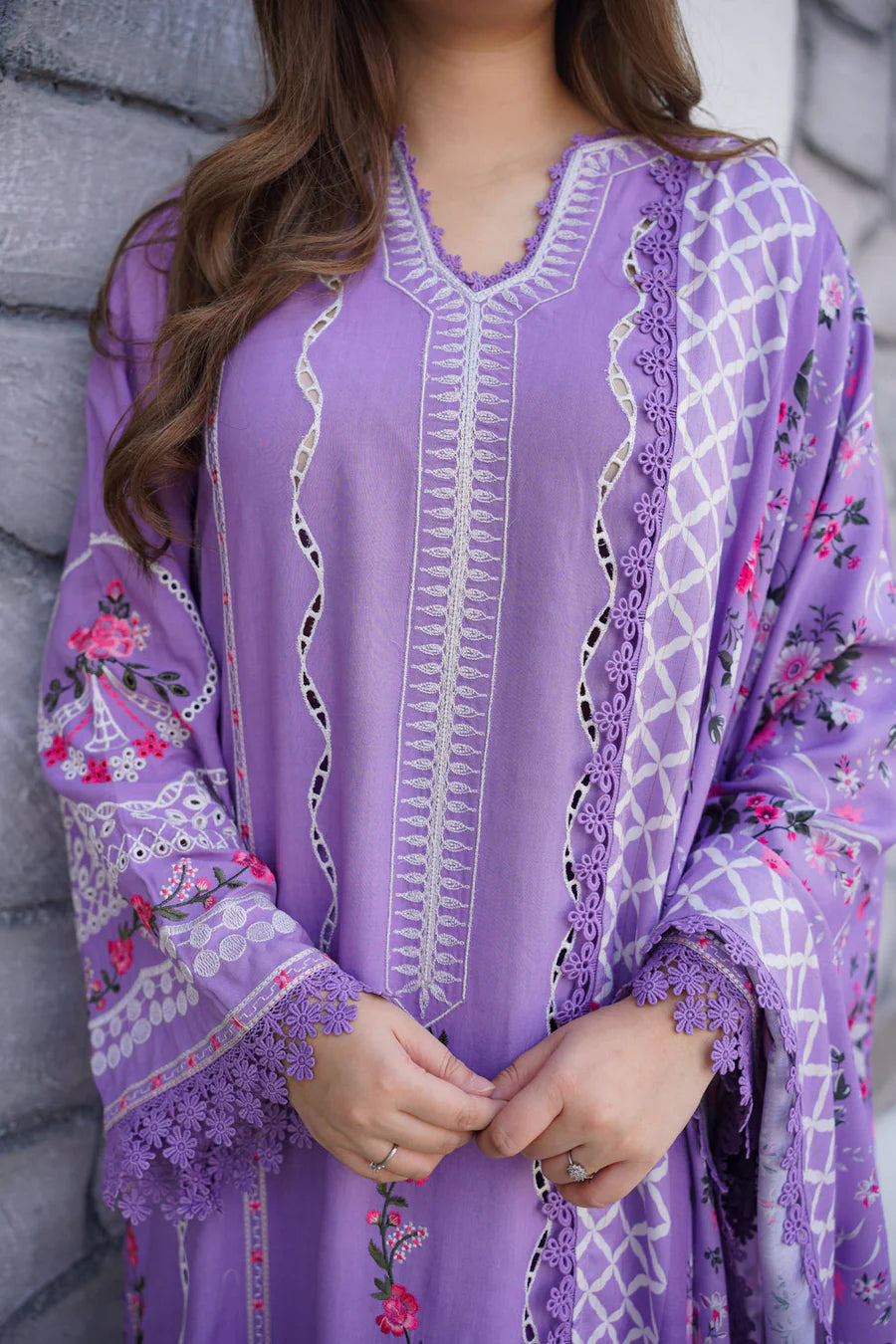 Luxury Chikankari Cotton Ensemble | Digital Printed Silk Dupatta with Croatia Lace | Unstitched 3PC