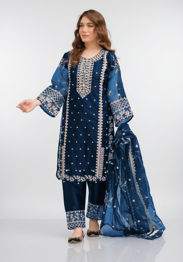 Embroidered Organza 3-Piece Suit Set | Festive Wear with Crepe