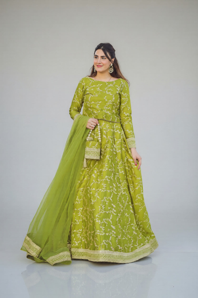 4-Piece Lehenga Choli Set | Exquisite Green Katan Silk Embroidered
