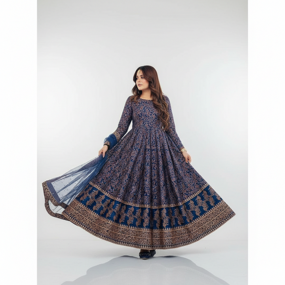 3-Pcs Exquisite Katan Silk Maxi Set | Printed Ensemble for Graceful Evenings