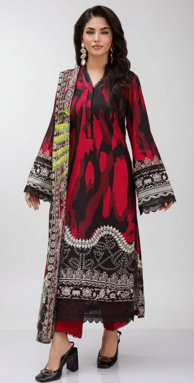 3-Piece Red Lawn Printed Suit | Unstitched Premium Collection