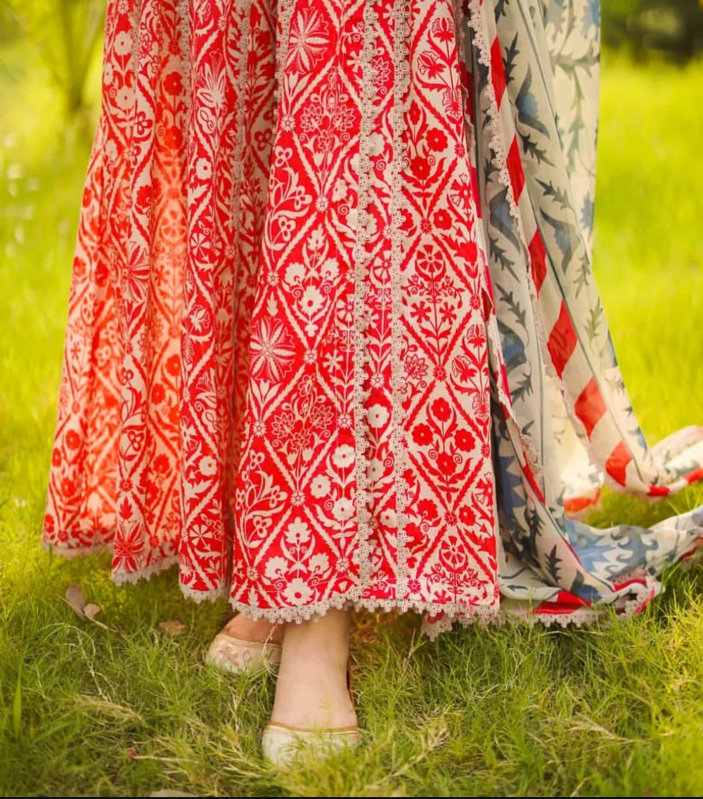 8 Yards of Artistry: Custom Embroidered Lawn Ensemble | Chiffon Dupatta with 4-Side Lace | Unstitched 3PC