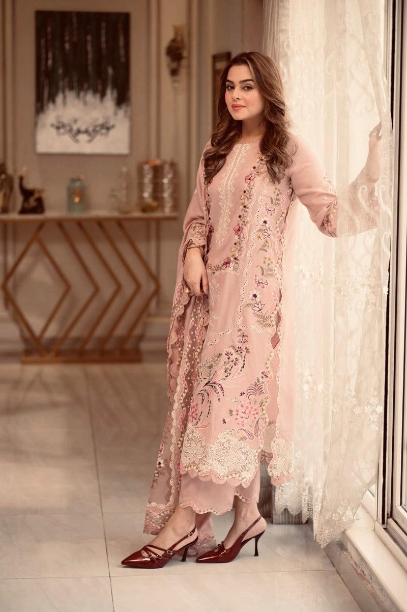 The Border Opulence Ensemble: Heavy Embroidered 3-PC Lawn Suit with Khadi Net Dupatta