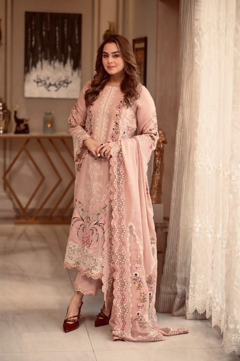 The Border Opulence Ensemble: Heavy Embroidered 3-PC Lawn Suit with Khadi Net Dupatta