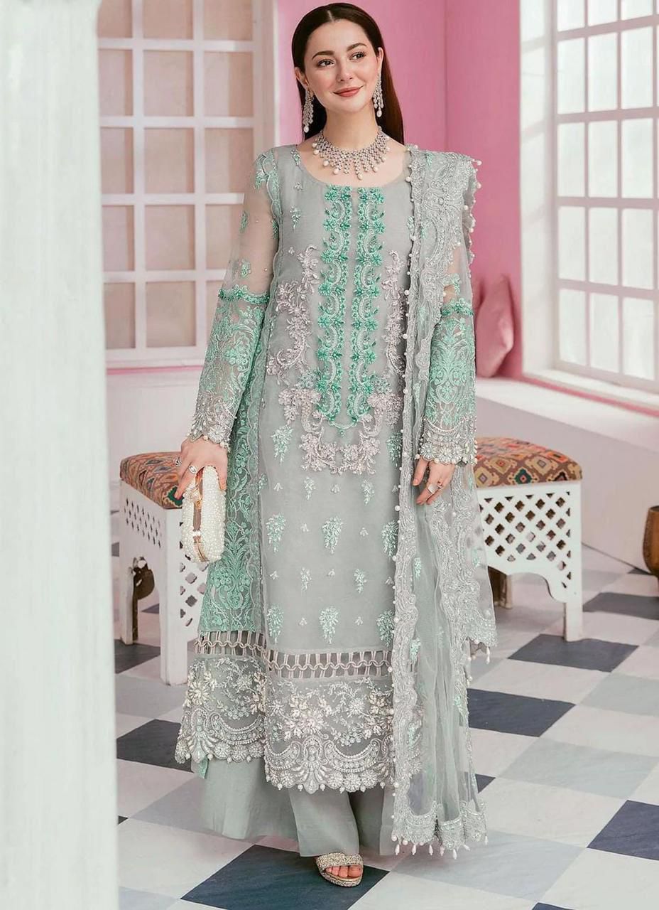 Luxury Hand-Embroidered Lehenga Set | Malai Silk Trouser & Organza Cutwork Dupatta