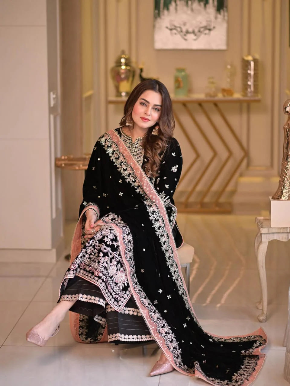 Opulent Heavy Sequin-Embroidered Cotton Festive Suit | Designer Chiffon Dupatta & Palazzo Set