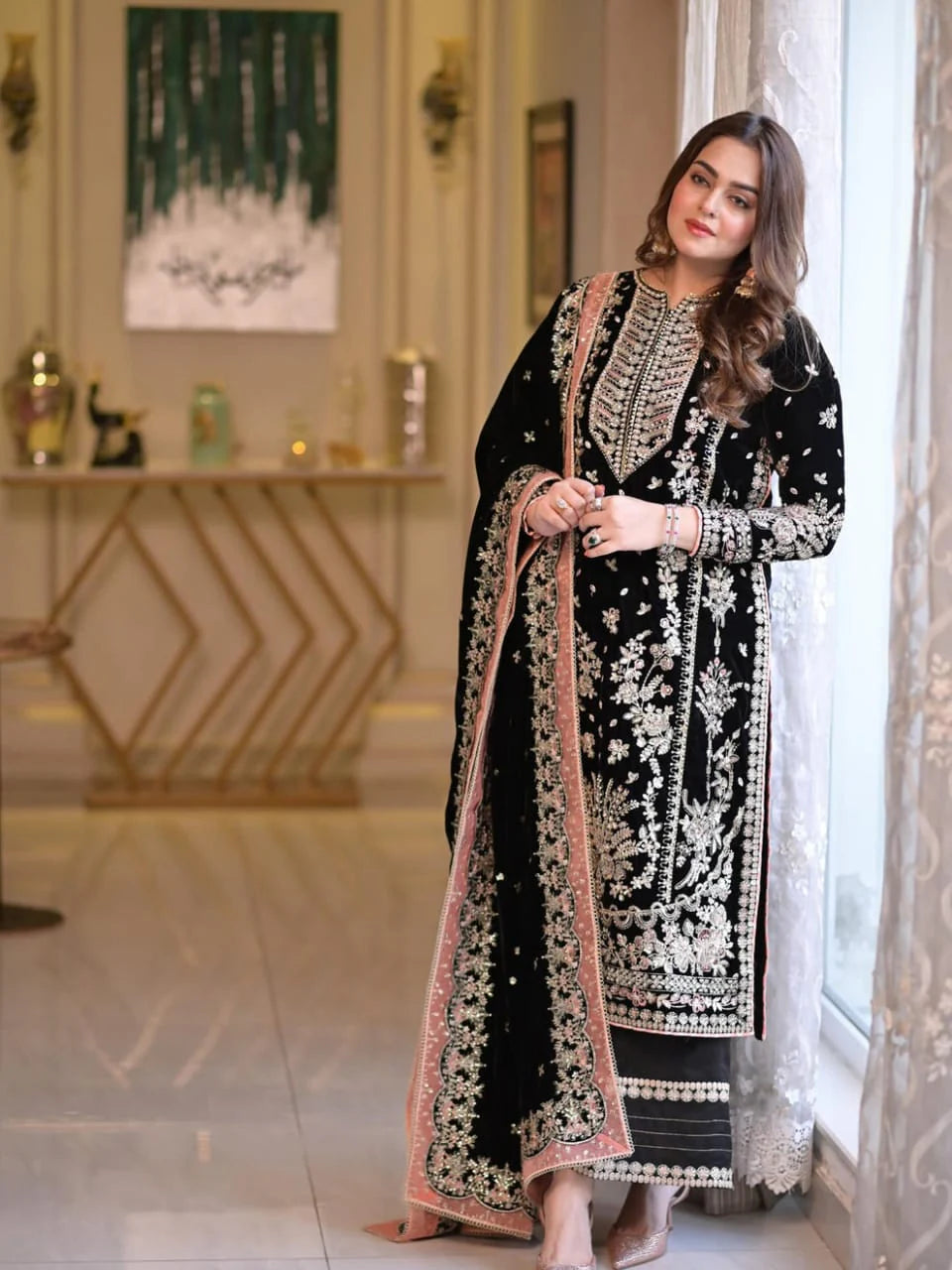 Opulent Heavy Sequin-Embroidered Cotton Festive Suit | Designer Chiffon Dupatta & Palazzo Set