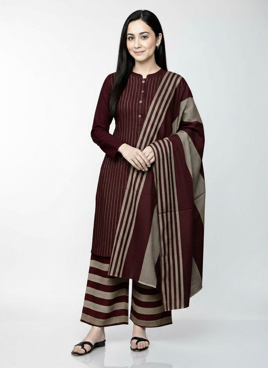 3-Piece Unstitched Printed Sussi Suit | The Majestic Maroon Ensemble