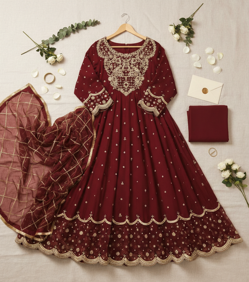 Embroidered 3-Piece Maxi Set | Festive Wear Ensemble with Intricate Detailing
