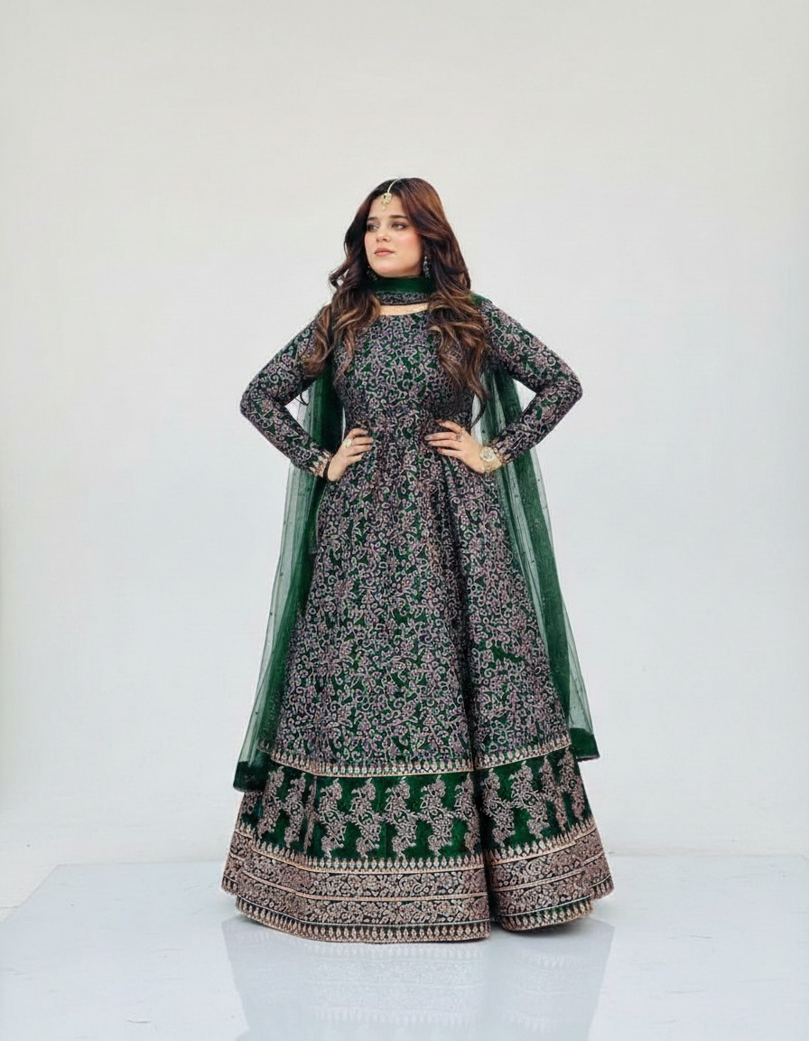 Artisan Katan Silk Screen Printed Maxi Set | 3-Piece Festive Ensemble with Dupatta