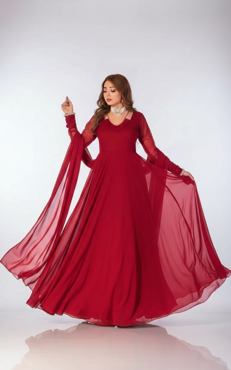 Scarlet Symphony: Premium Red Chiffon V-Neck Maxi Suit | 3-Piece Flowy Ensemble with Dupatta