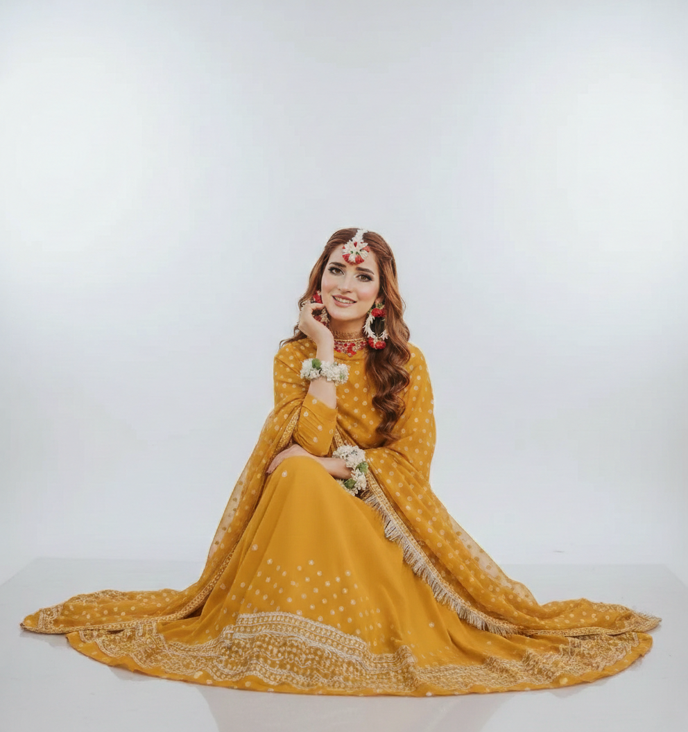 Sunshine Elegance Silk Embroidered 3-Piece Maxi Set | Festive Wear with Dupatta