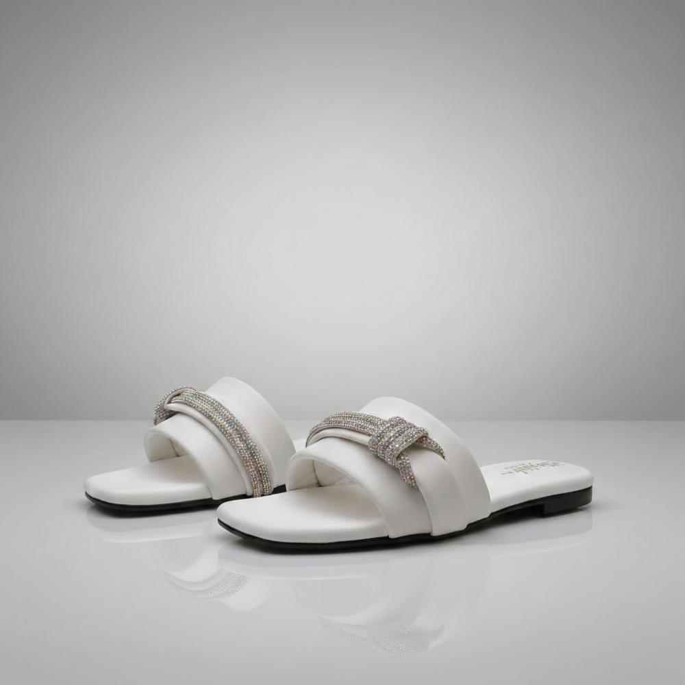 Crystal Adore White Rexine Rhinestone Flats | Women's Fancy Casual Slip-Ons
