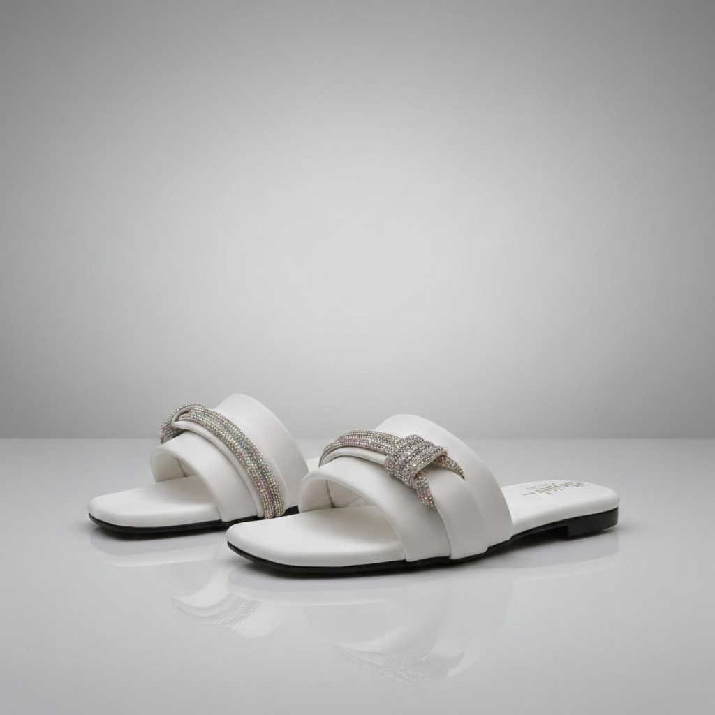 Crystal Adore White Rexine Rhinestone Flats | Women's Fancy Casual Slip-Ons