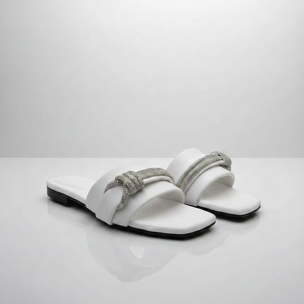 Crystal Adore White Rexine Rhinestone Flats | Women's Fancy Casual Slip-Ons