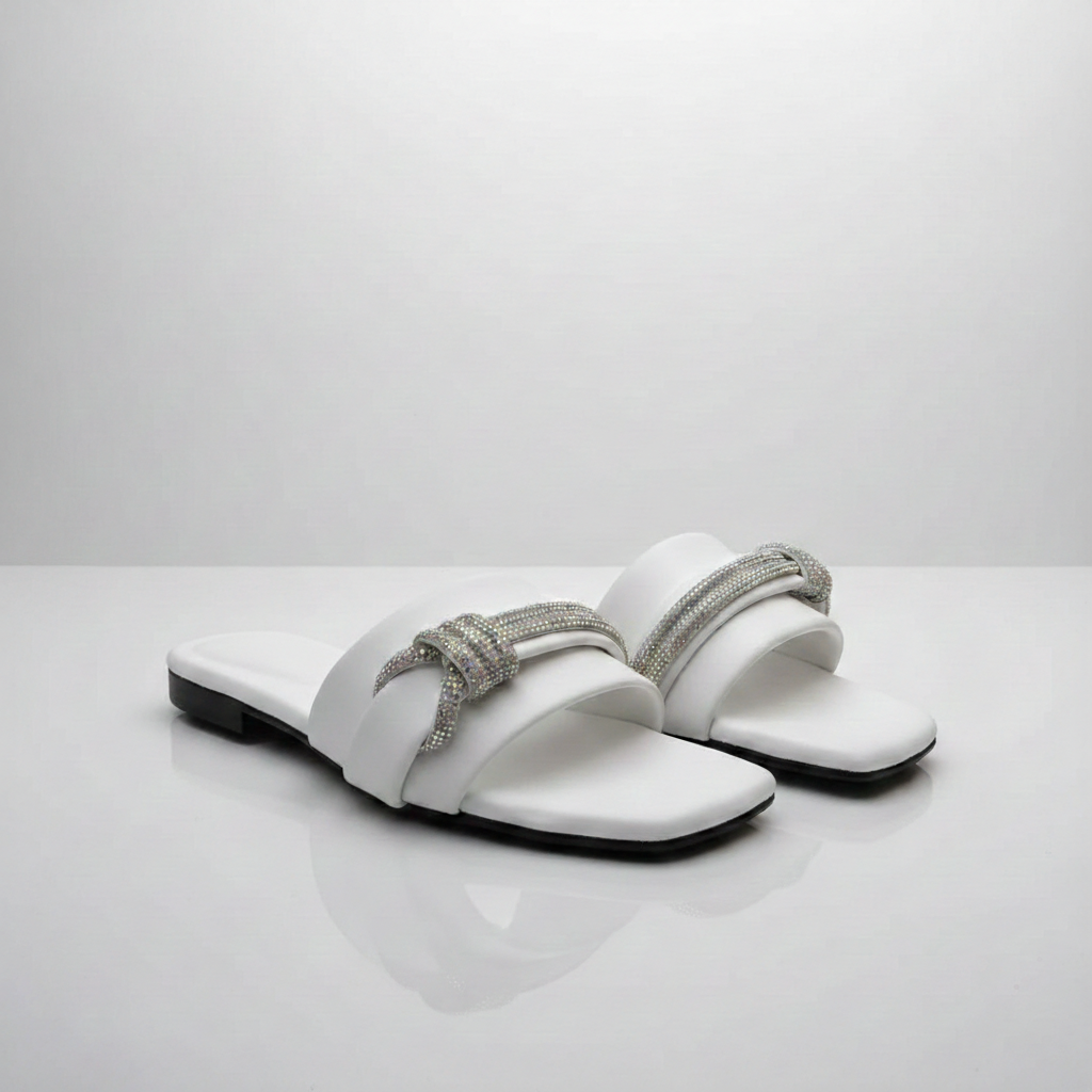 Crystal Adore White Rexine Rhinestone Flats | Women's Fancy Casual Slip-Ons