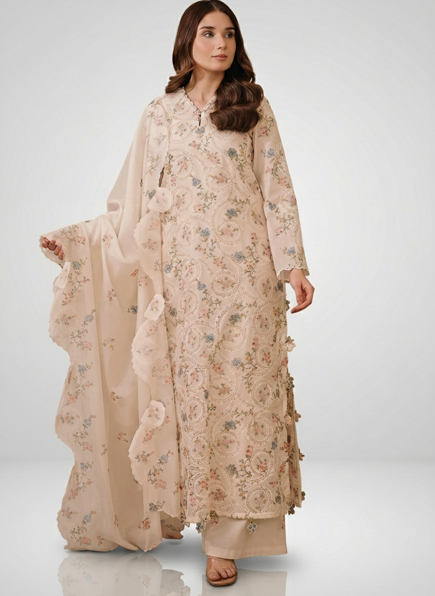 The Extended Elegance Ensemble: Fully Heavy Chikankari 3-PC Suit with Khadi Net Dupatta