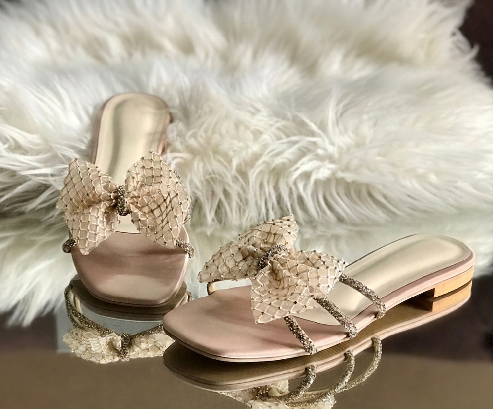 The Giselle Crystal Bow Mules | Rhinestone Embellished Flat Sandals for Women | Designer Slip-On Dress Shoes