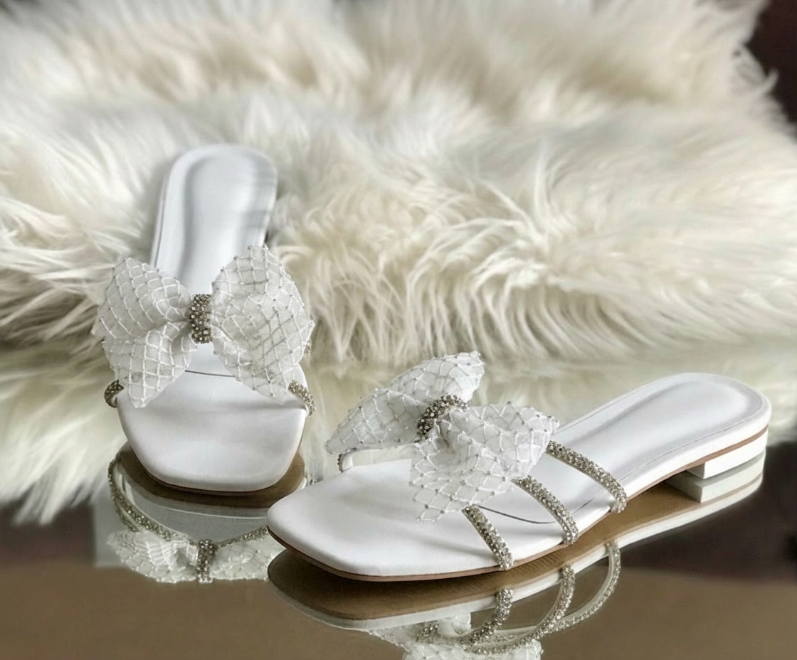 The Giselle Crystal Bow Mules | Rhinestone Embellished Flat Sandals for Women | Designer Slip-On Dress Shoes