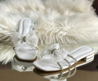 The Giselle Crystal Bow Mules | Rhinestone Embellished Flat Sandals for Women | Designer Slip-On Dress Shoes