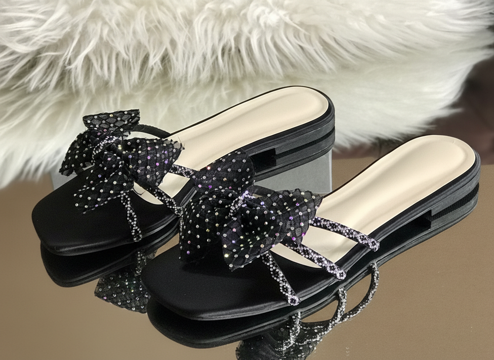 The Giselle Crystal Bow Mules | Rhinestone Embellished Flat Sandals for Women | Designer Slip-On Dress Shoes