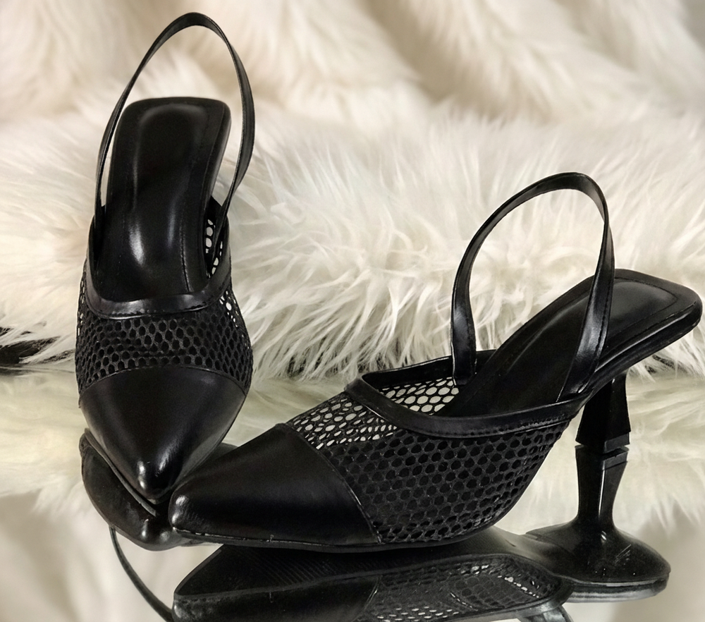 The Siren Mesh Slingback Pumps | Patent Leather Pointed Toe Heels for Women | Sheer Block Heel Dress Shoes