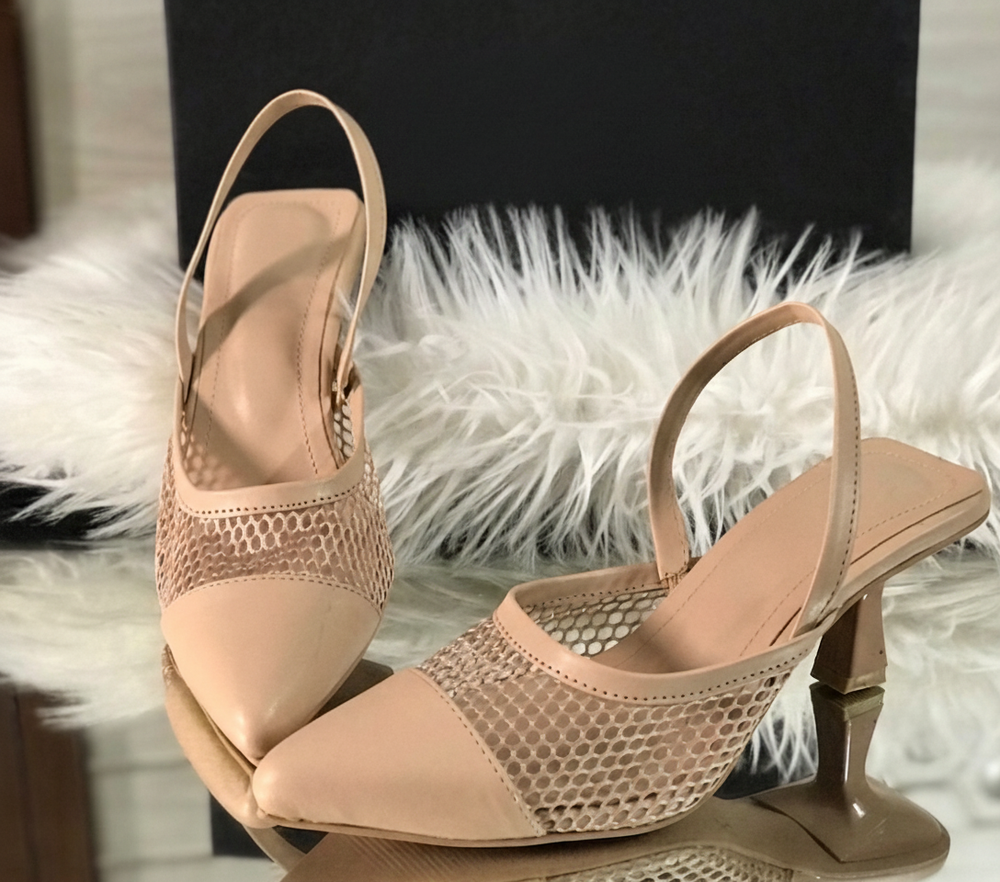 The Siren Mesh Slingback Pumps | Patent Leather Pointed Toe Heels for Women | Sheer Block Heel Dress Shoes