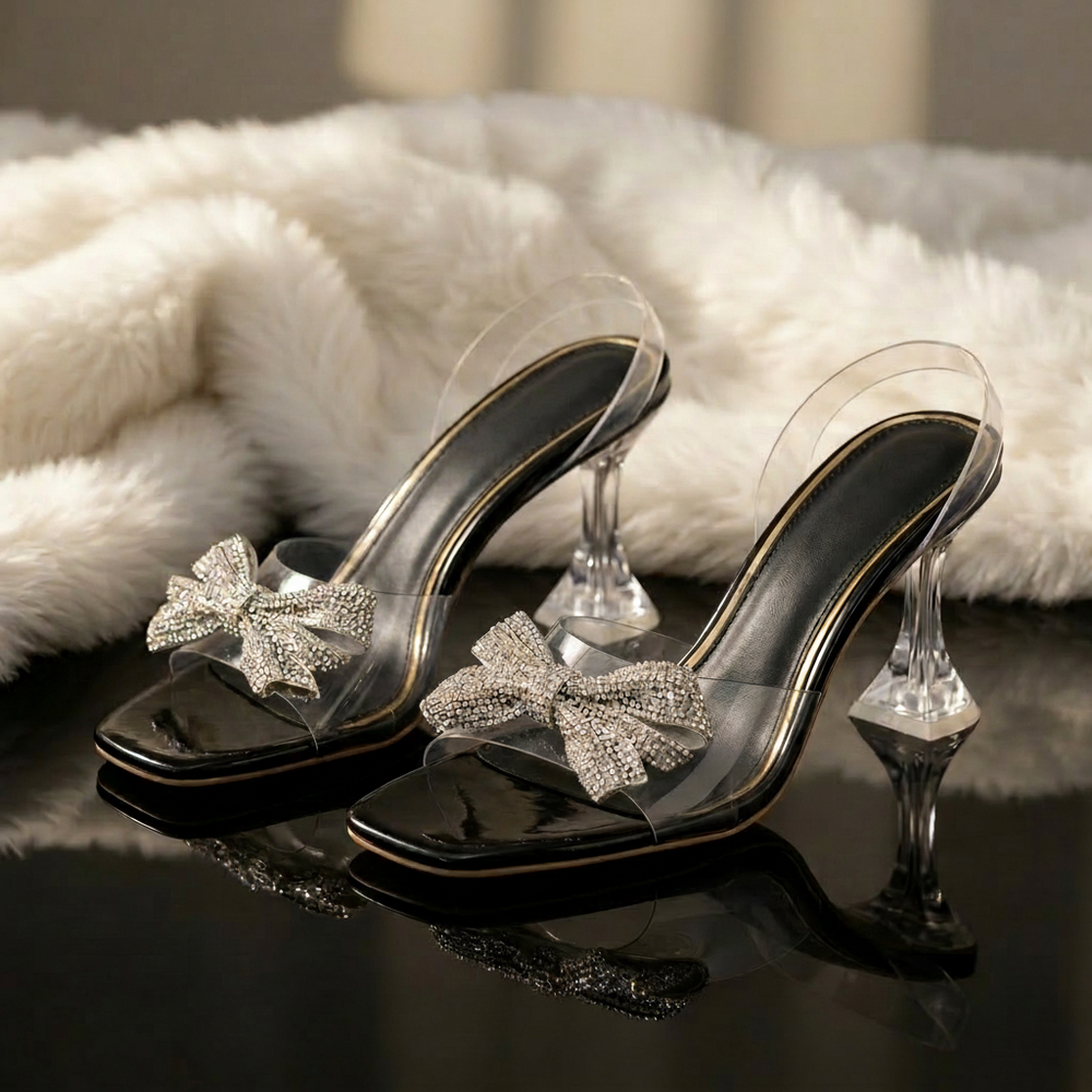 The Barbie Bow Crystal Heels | Clear PVC Slingback Mules for Women | Rhinestone Embellished Wedding & Party Shoes