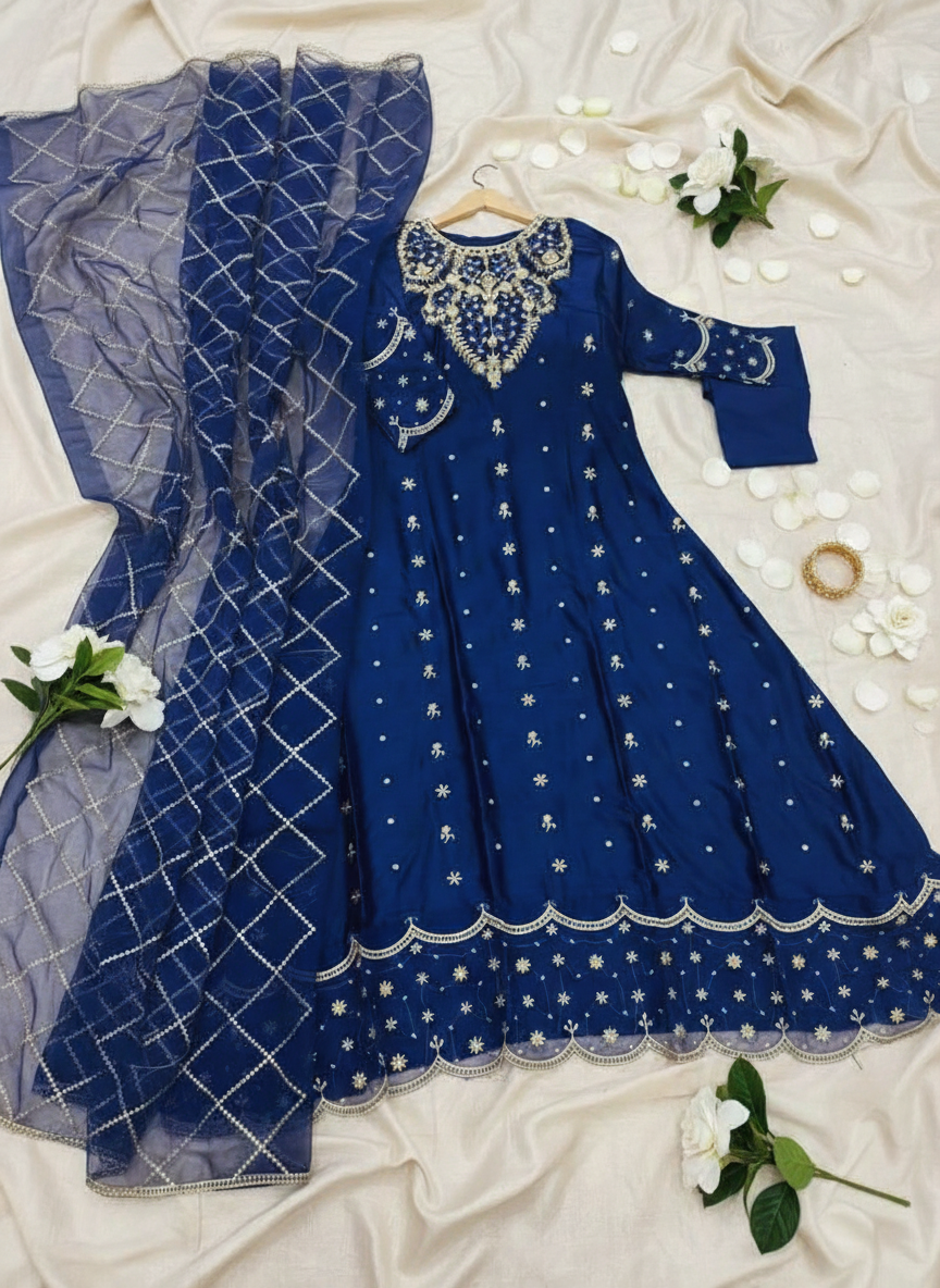 Premium 3-Piece Stitched Shamoz Silk Embroidered Maxi with Dupatta | The Regal Noor Maxi Ensemble