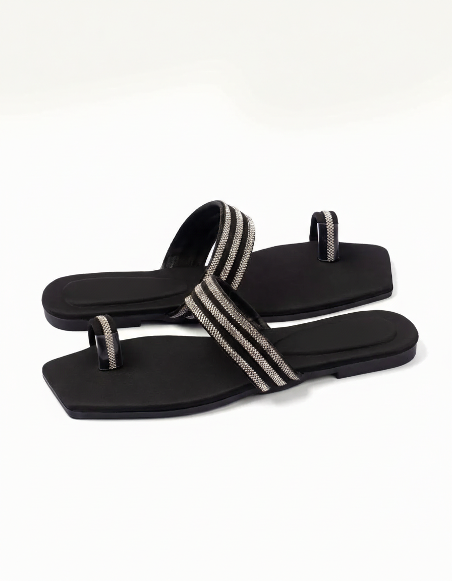 Premium Black Embellished Rexine Flats with Gemstone Detail | The Stripe Ease Gem Flats