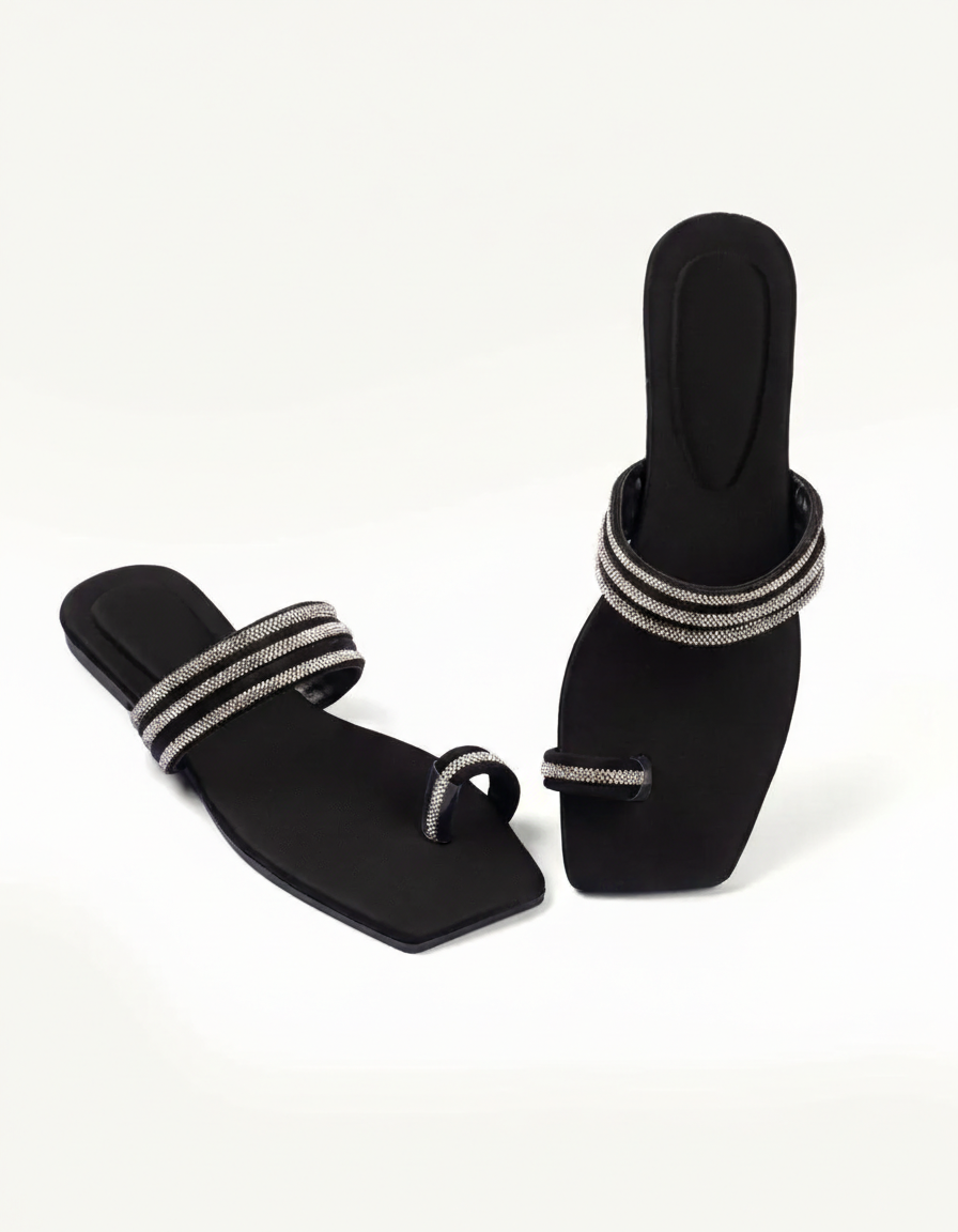 Premium Black Embellished Rexine Flats with Gemstone Detail | The Stripe Ease Gem Flats