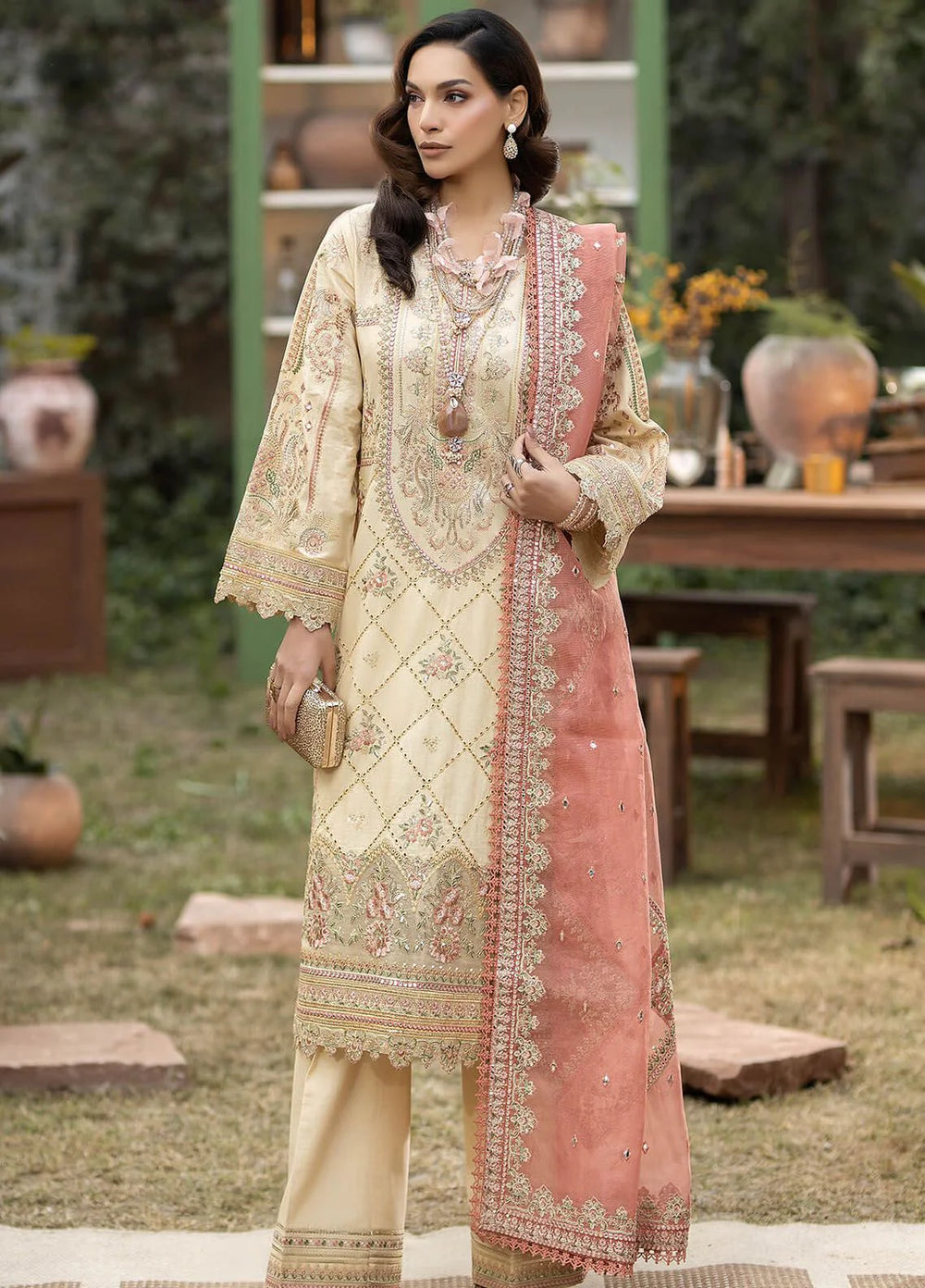 The Stellar Sequin Ensemble: Heavy Embroidered 3-PC Lawn & Khaddi Net Suit with Chikankari