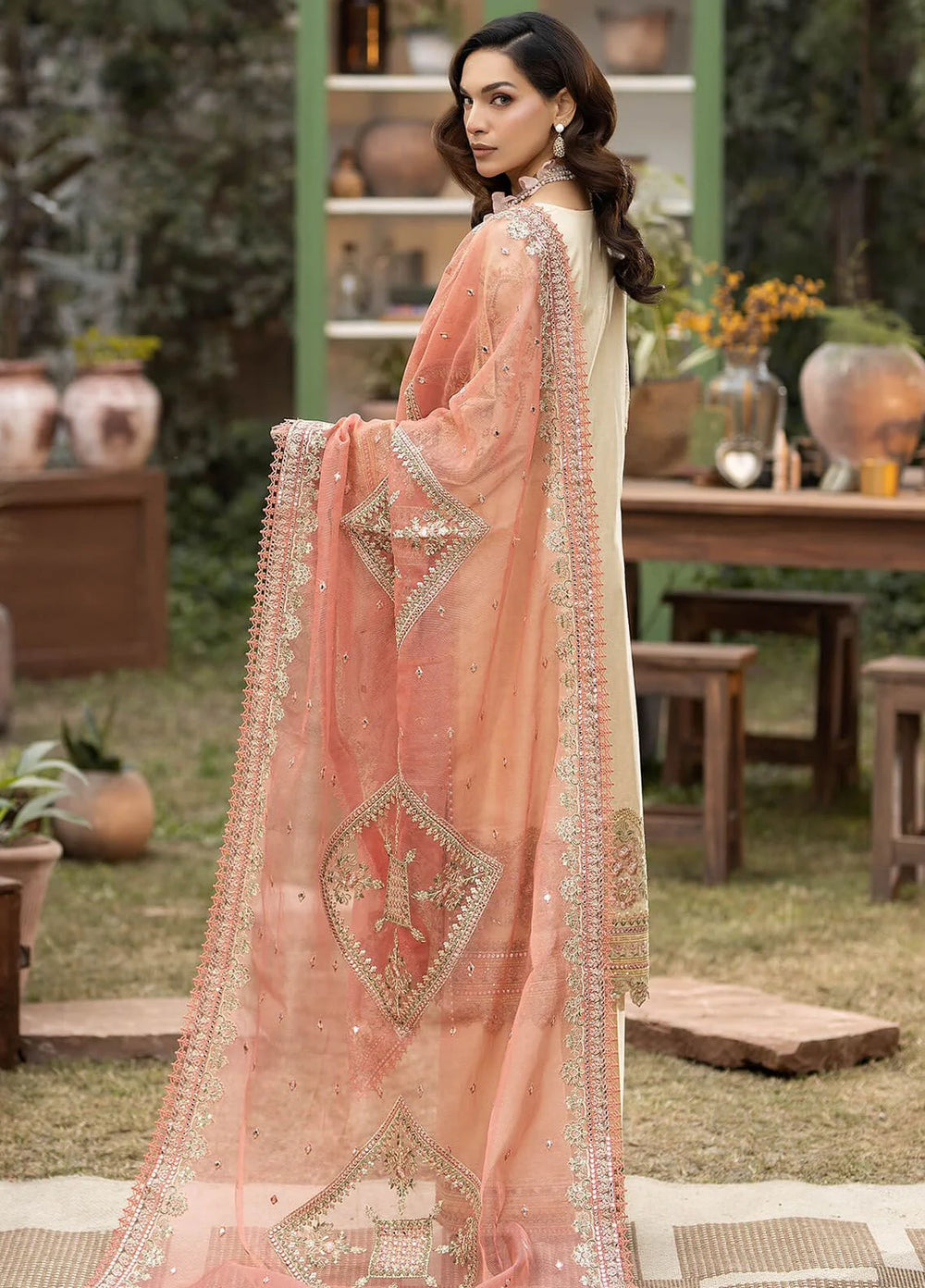 The Stellar Sequin Ensemble: Heavy Embroidered 3-PC Lawn & Khaddi Net Suit with Chikankari