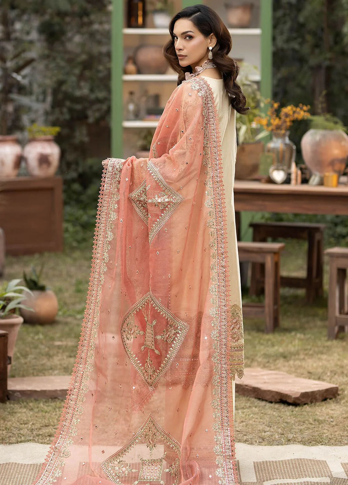 The Stellar Sequin Ensemble: Heavy Embroidered 3-PC Lawn & Khaddi Net Suit with Chikankari