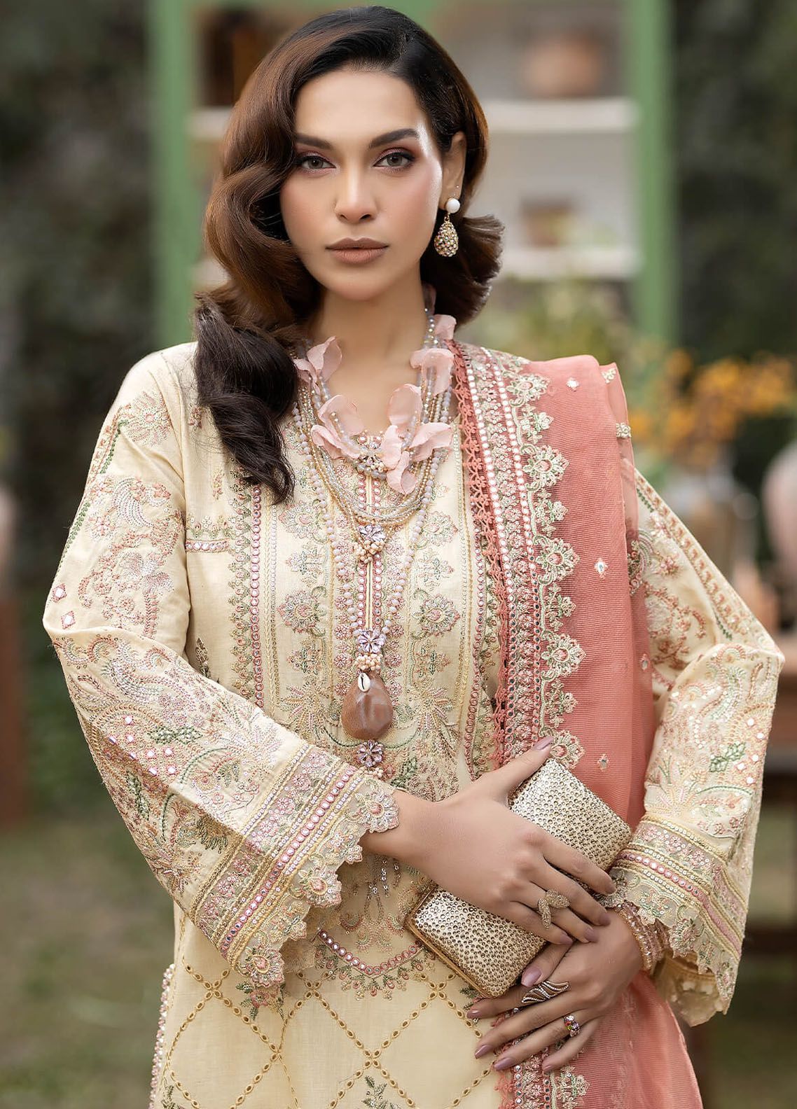The Stellar Sequin Ensemble: Heavy Embroidered 3-PC Lawn & Khaddi Net Suit with Chikankari